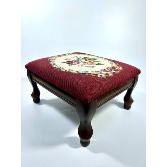 Mahogany Footstool Floral Needlepoint Cushion Foot Rest Vintage Flowers Burgandy - Picture 11 of 16